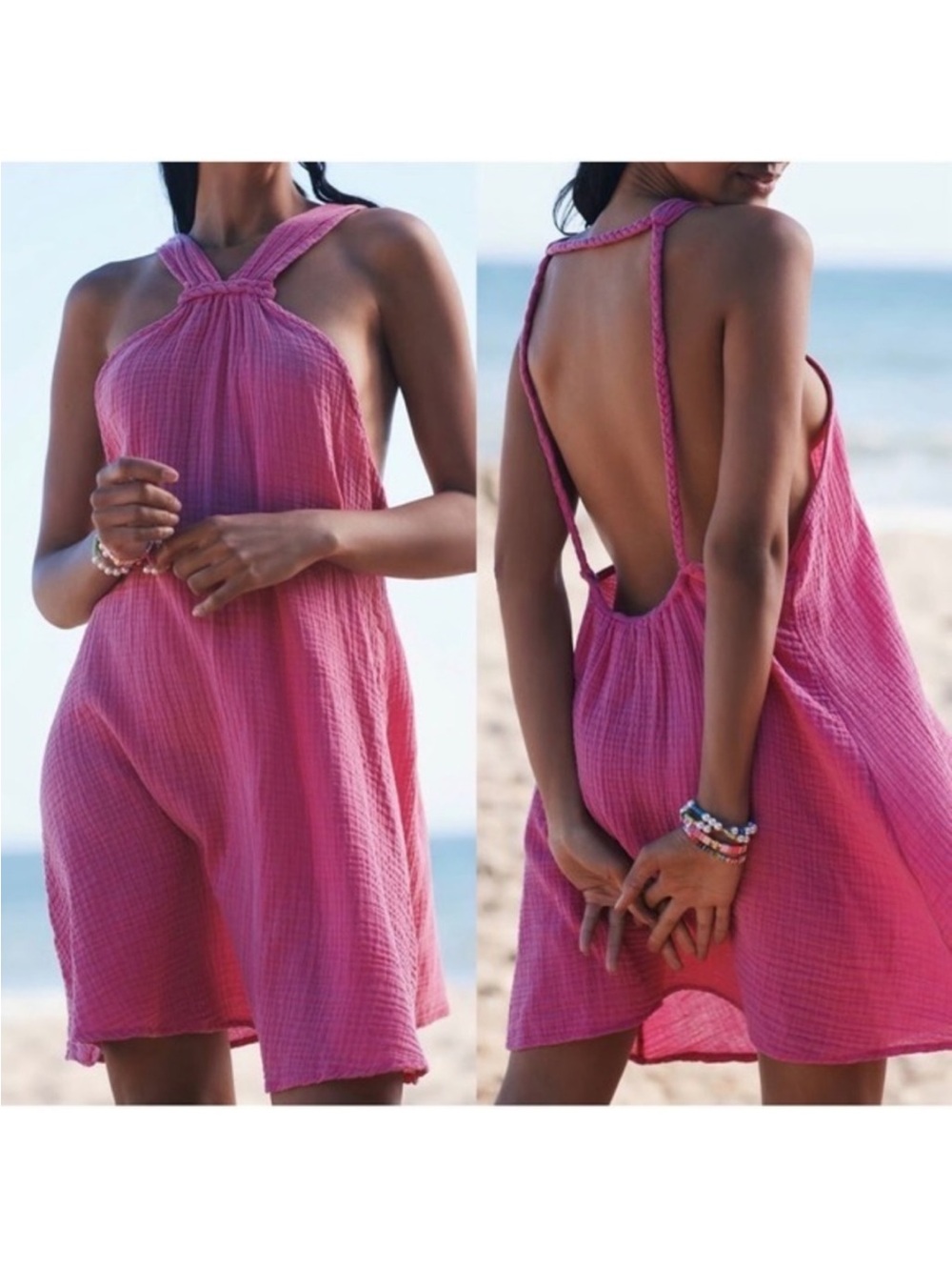 NEW Anthropologie Pink Braided Halter Gauze Open Back Mini Dress Swim coverup